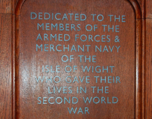 Memorial lettering on oak panels at St. Nicholas in Castro Chapel dedicated to members of the Armed Forces and Merchant Navy of the Isle of Wight who lost their lives in World War II